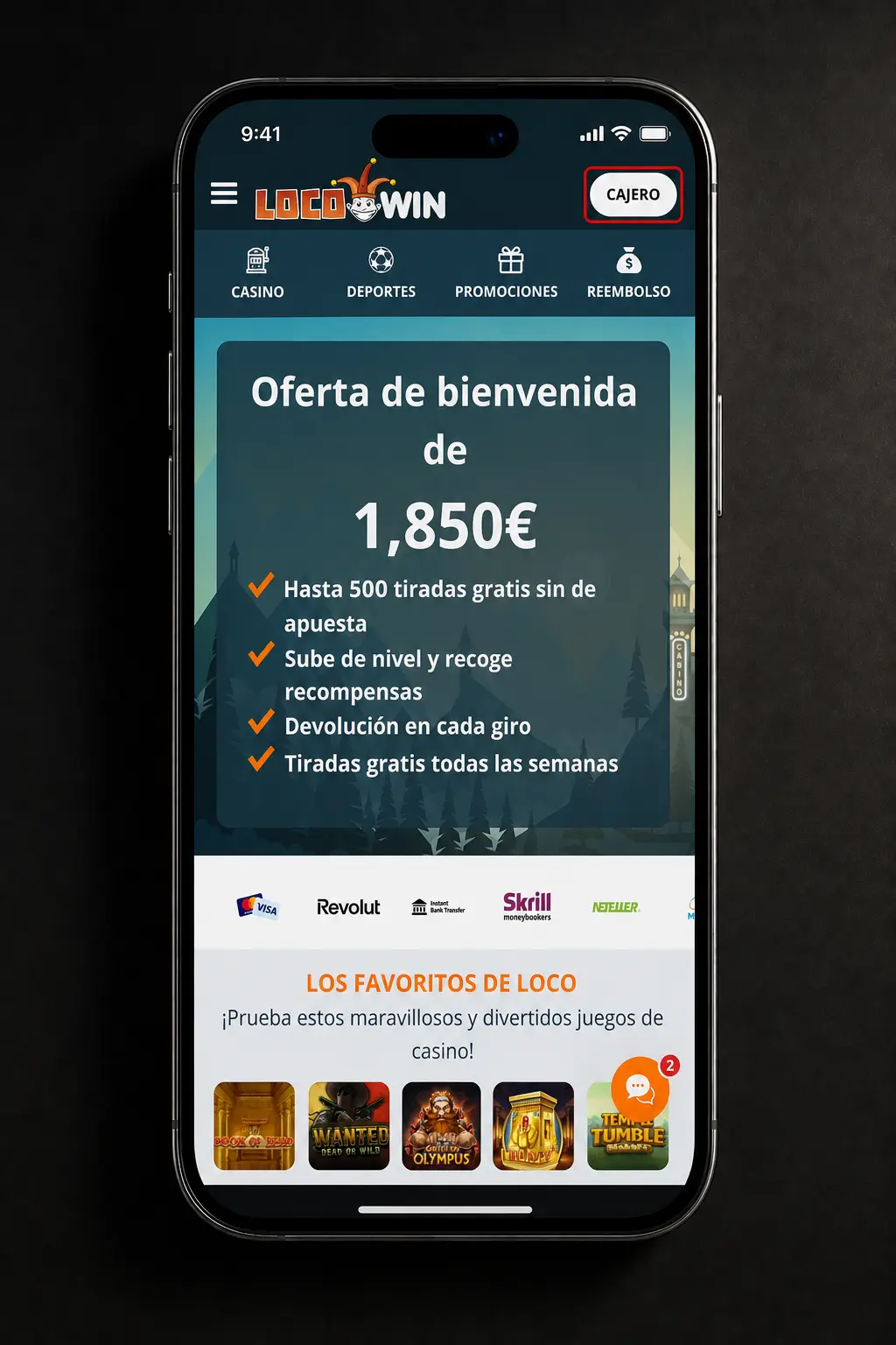 Captura de pantalla mostrando el proceso para hacer un depósito en Locowin desde España, paso a paso en la app.