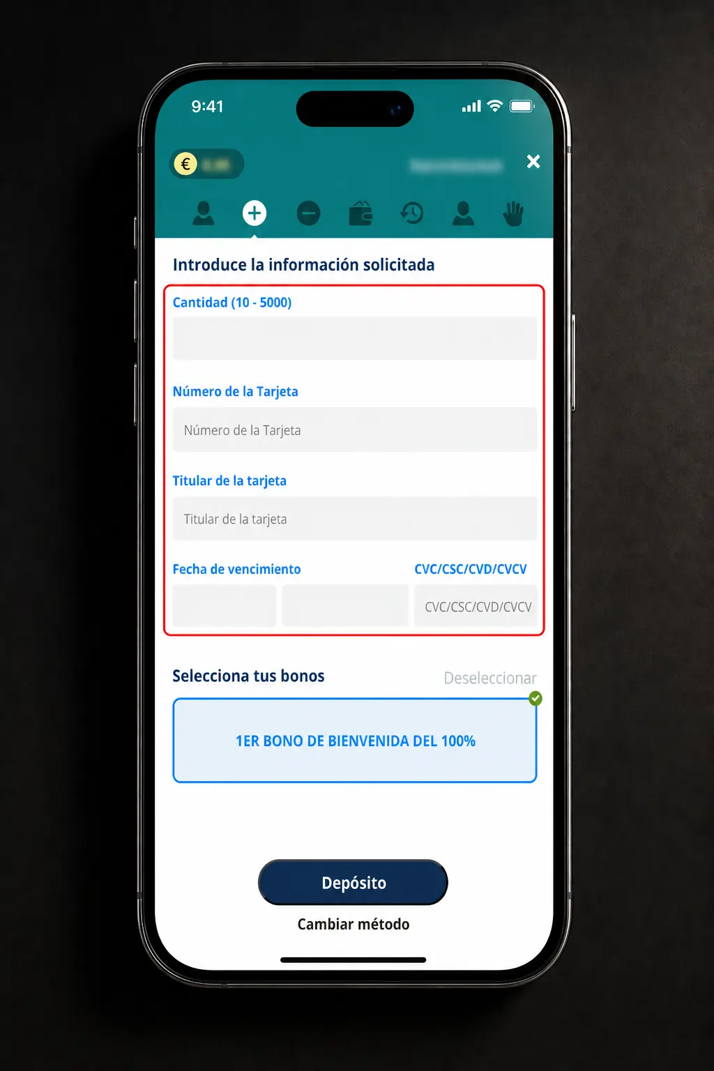 Captura de pantalla del proceso para hacer un depósito en Locowin desde España paso a paso