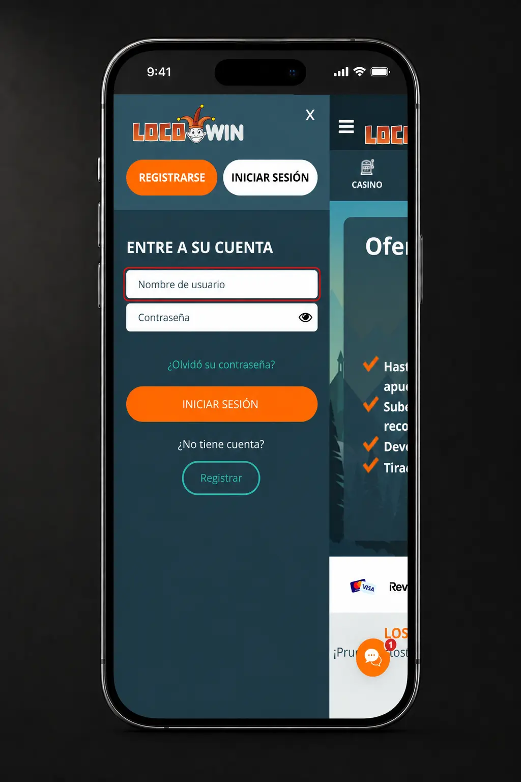 Pantalla de inicio de sesión en la app Locowin con acceso por correo, contraseña o huella digital