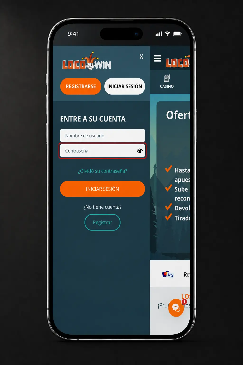 Pantalla de inicio de sesión en la app Locowin con acceso por correo, teléfono o huella digital