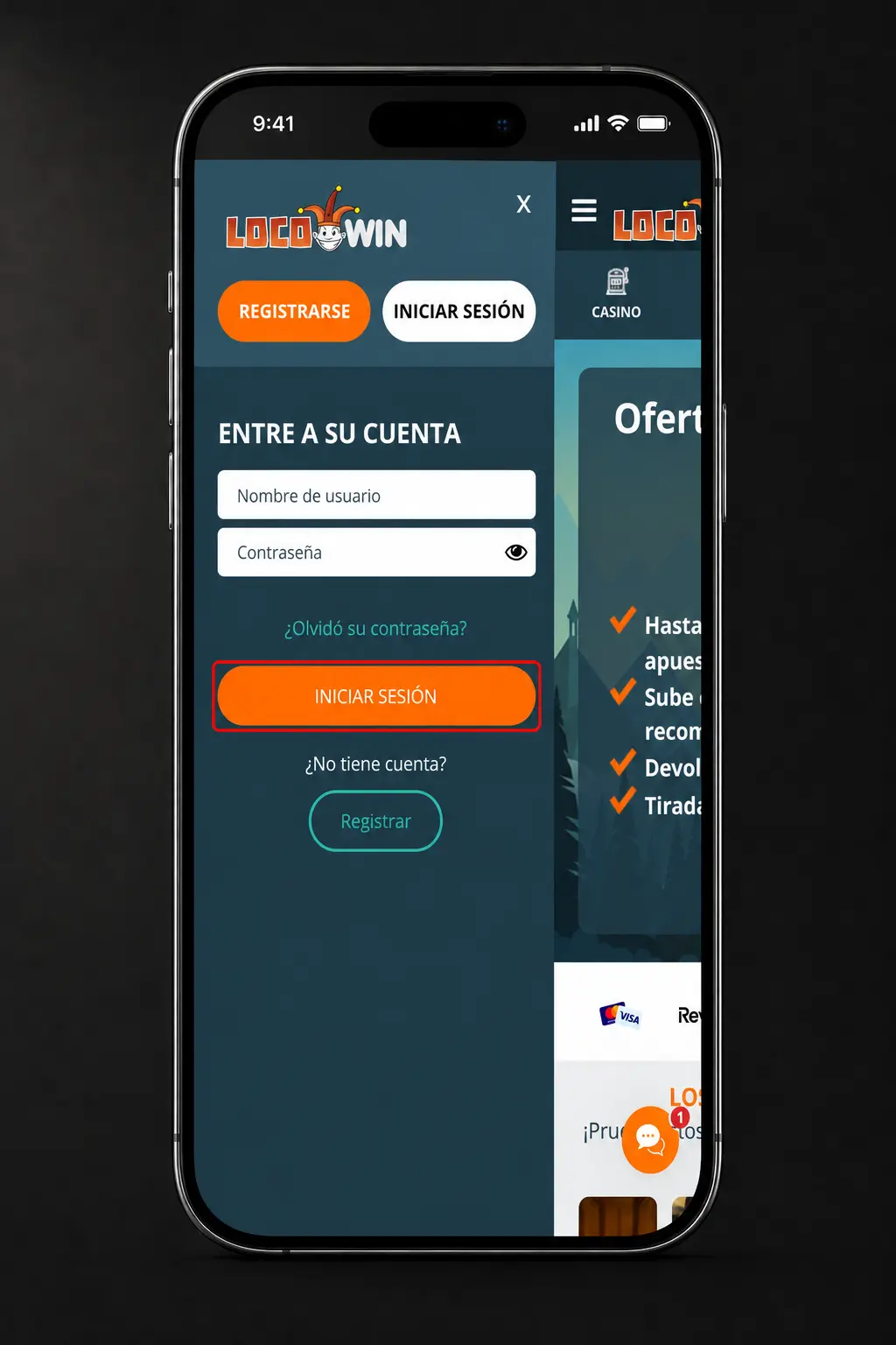 Captura de pantalla del inicio de sesión en la app Locowin con acceso por contraseña o huella digital