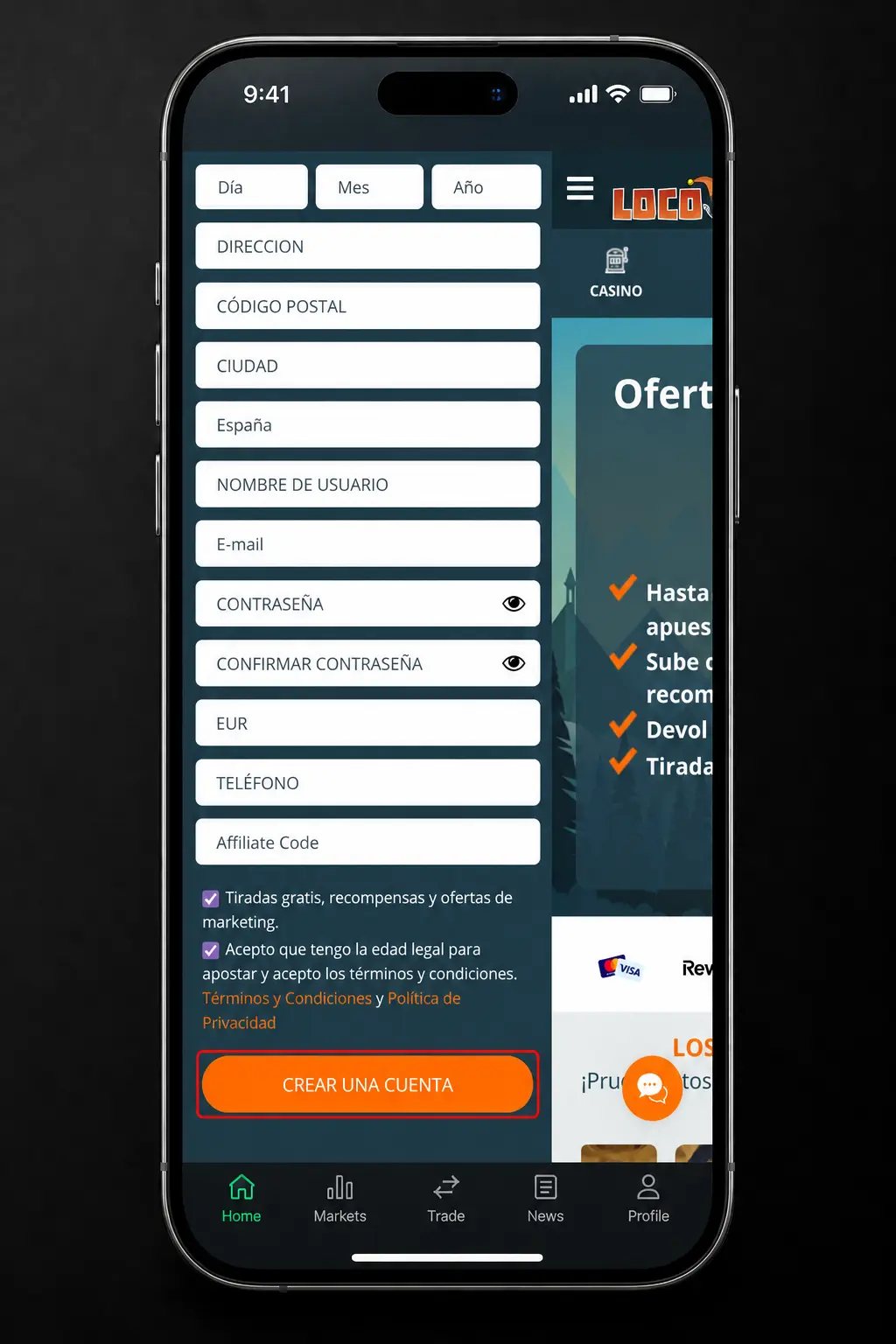 Pasos para registrarte en Locowin: formulario, datos personales, contraseña y confirmación por correo electrónico.
