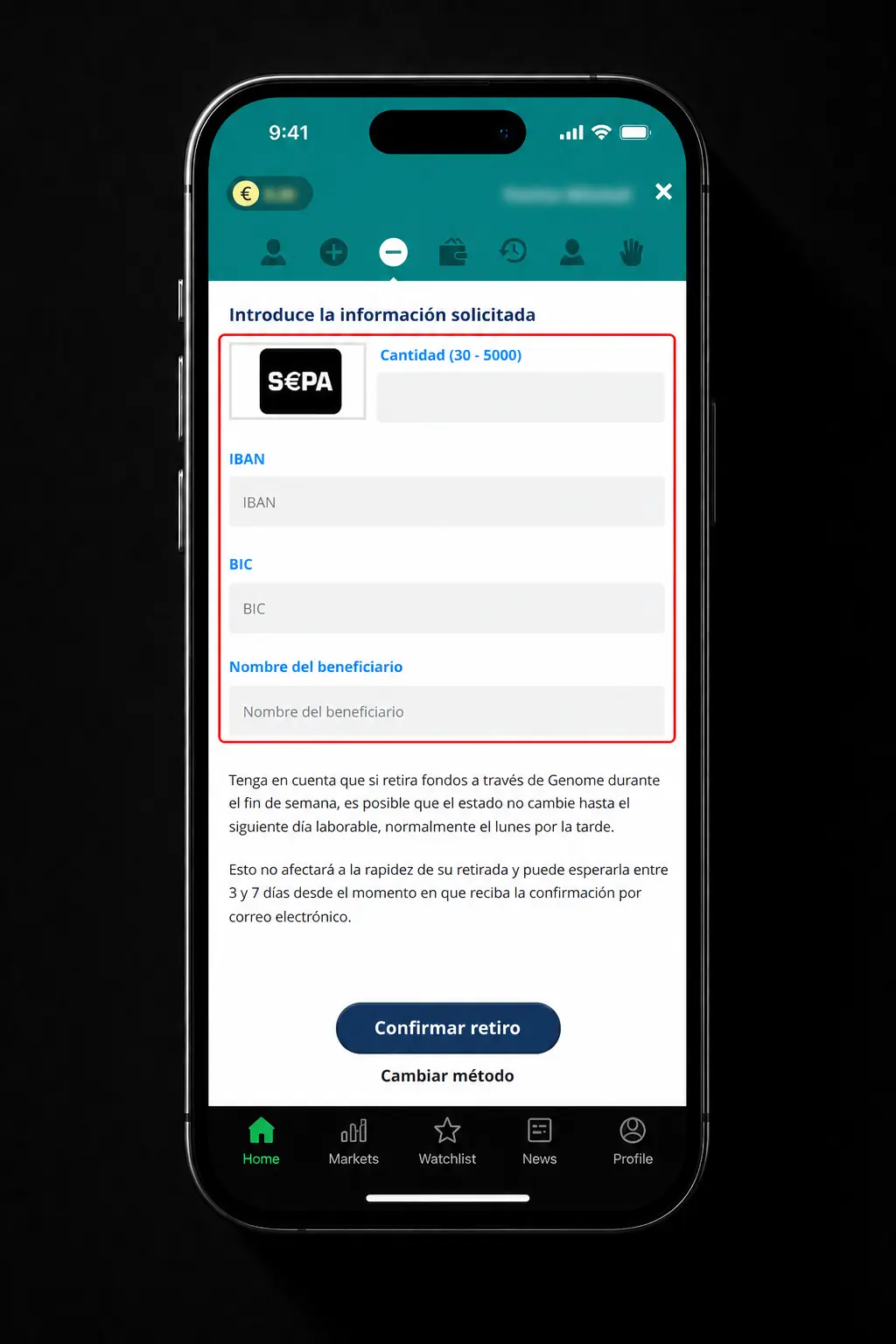 Pasos para retirar dinero en Locowin: inicia sesión, ve a Caja, elige método de pago y confirma el retiro mínimo de 10 EUR.