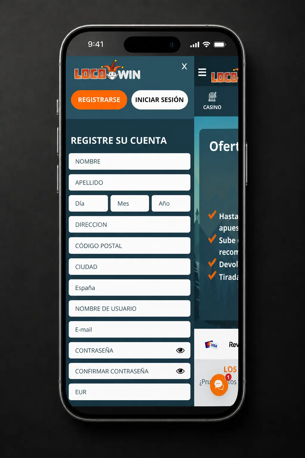Pantalla de registro en la app Locowin mostrando los pasos para crear una cuenta en menos de 3 minutos