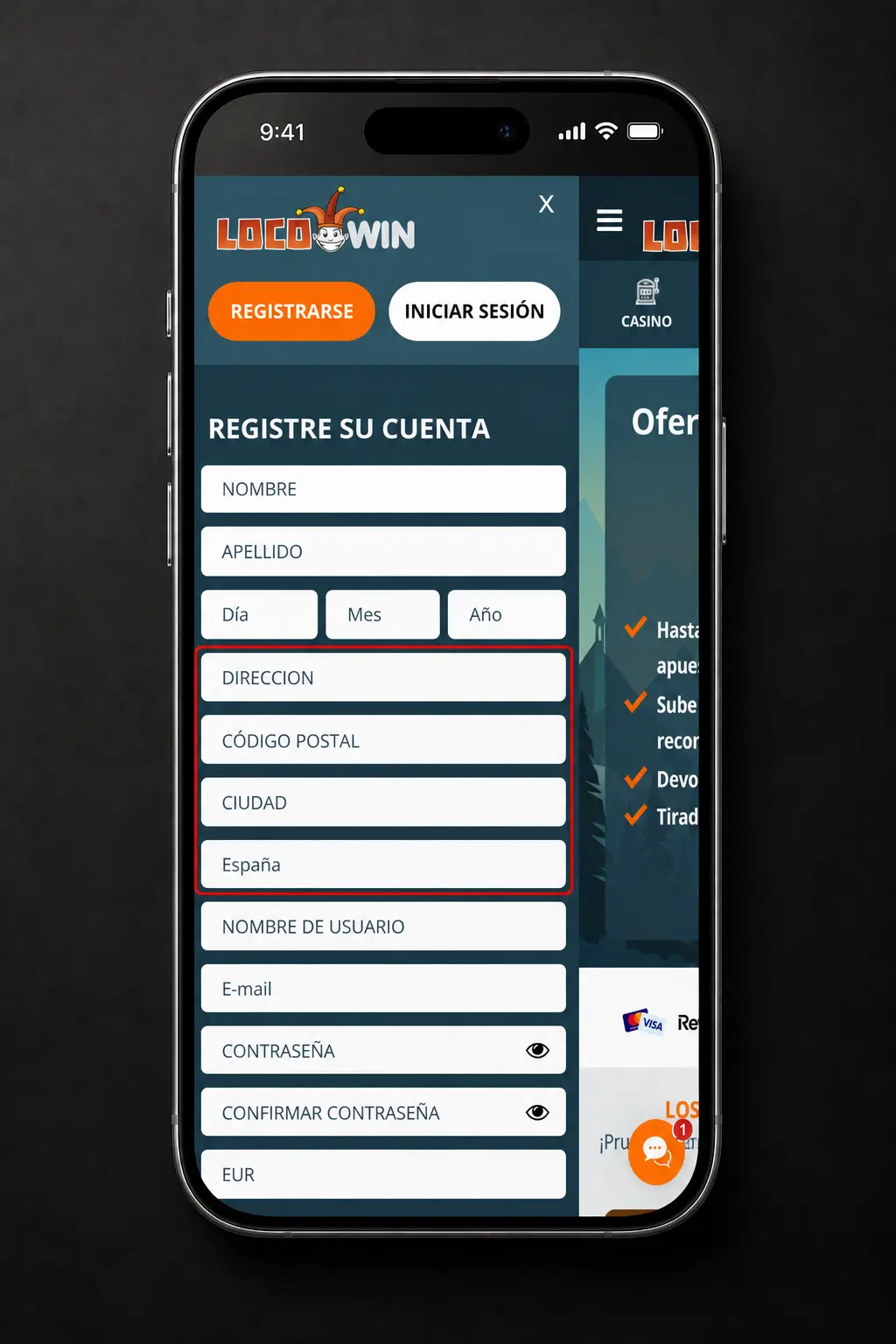 Pantalla de registro en la Locowin App mostrando los pasos para crear una cuenta en España