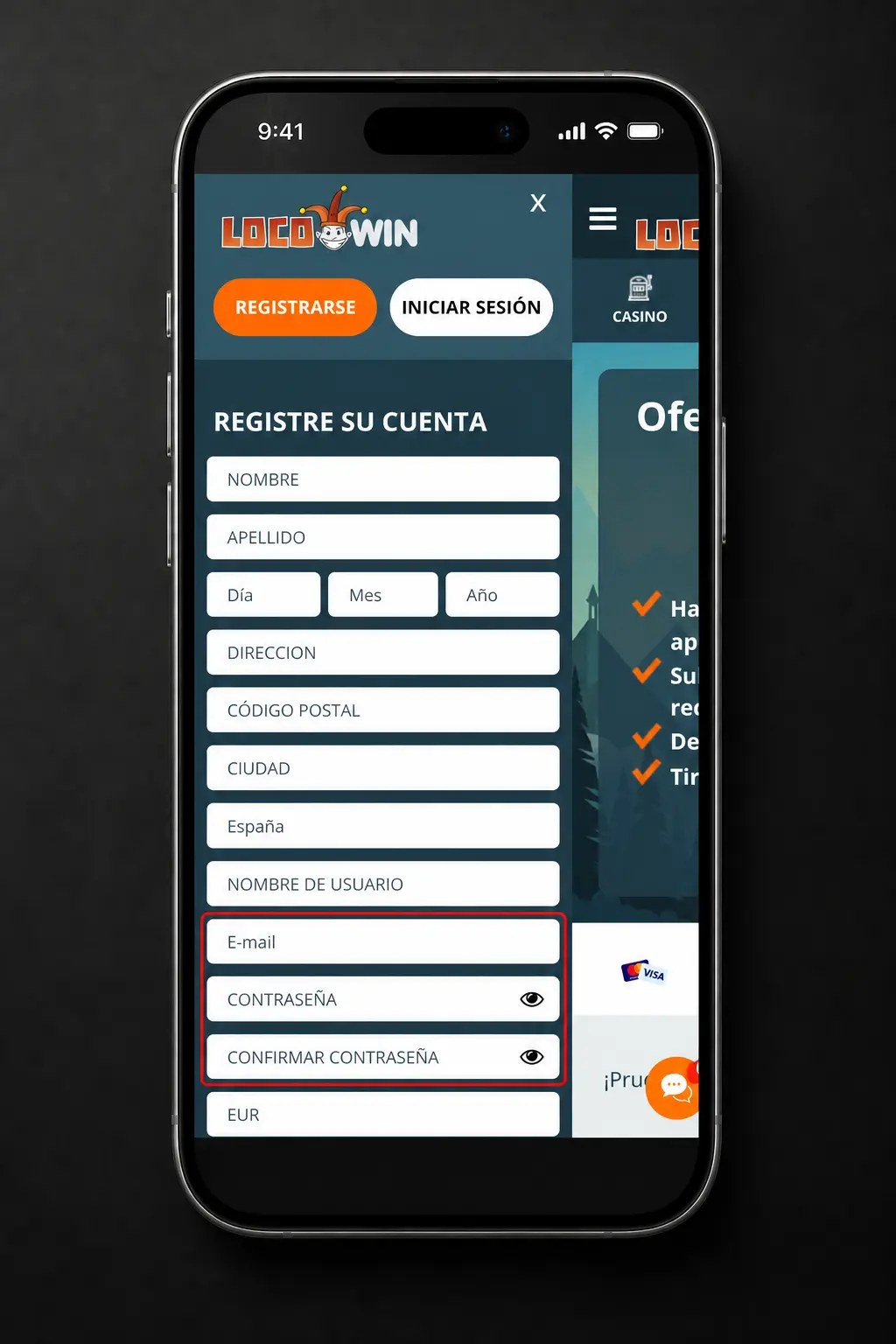 Captura de pantalla del registro en la app Locowin mostrando el formulario para crear una cuenta nueva