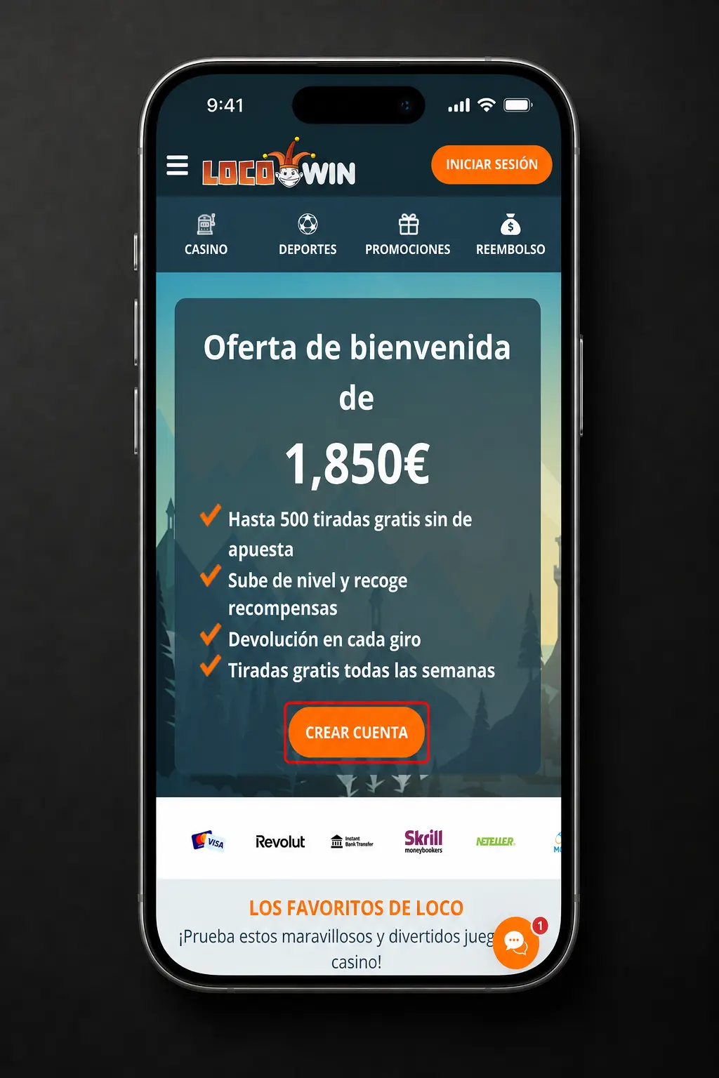 Pantalla de registro en la app Locowin mostrando los pasos para crear una cuenta en menos de 3 minutos